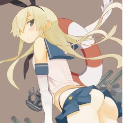 Rule 34 | 10s, 1girl, anchor, ass, black eyes, blonde hair, brown background, elbow gloves, gloves, hairband, kantai collection, long hair, lowres, personification, shimakaze (kancolle), simple background, skirt, solo, white gloves, yuuki (irodo rhythm)