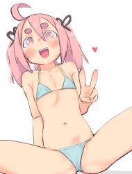Rule 34 | 1girl, :d, absurdres, ahoge, bikini, blush, breasts, eds, female focus, flat chest, hair between eyes, hair ribbon, happy (eds), heart, highres, looking at viewer, navel, open mouth, original, pink eyes, pink hair, ribbon, simple background, small breasts, smile, solo, spread legs, swimsuit, thick eyebrows, twintails, v, white background