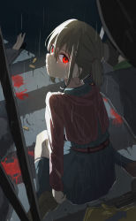 Rule 34 | 1girl, 3boys, absurdres, belt, black socks, blonde hair, blood, brown footwear, bullet, closed mouth, corpse, crosswalk, death, dress, expressionless, glowing, glowing eyes, grey dress, gun, hair ribbon, handgun, highres, k.gj, loafers, looking at viewer, looking back, lycoris recoil, lycoris uniform, multiple boys, nishikigi chisato, pleated dress, rain, red belt, red dress, red eyes, red ribbon, ribbon, road, road sign, shoes, sign, sitting, socks, street, torn clothes, torn dress, two-tone dress, wariza, weapon, wet, wet clothes