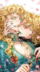 Rule 34 | 2boys, arm around neck, black nails, black shirt, blue eyes, cleavage cutout, clothing cutout, cosmetics, curly hair, dio brando, falling petals, father and son, giorno giovanna, green lips, green lipstick tube, green shirt, hand on another&#039;s face, highres, holding, holding lipstick tube, jojo no kimyou na bouken, lipstick mark, lipstick mark on chest, lipstick mark on face, lipstick tube, long hair, multiple boys, oarfish (artist), petals, red eyes, shirt, white background