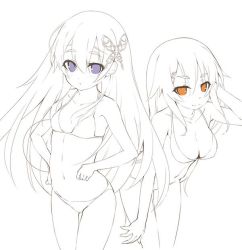 Rule 34 | 10s, 2girls, arm up, ashikaga chachamaru, bare shoulders, bikini, blue eyes, breasts, butterfly hair ornament, chaika trabant, cleavage, creator connection, crossover, hair between eyes, hair ornament, hairclip, hitsugi no chaika, jewelry, leaning forward, long hair, looking at viewer, multiple girls, navel, necklace, nekomu, orange eyes, partially colored, simple background, small breasts, smile, soukou akki muramasa, swimsuit, white background