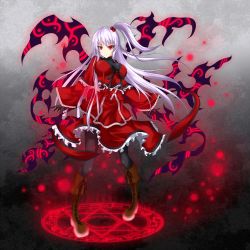 Rule 34 | 1girl, black gloves, boots, dress, energy ball, female focus, gloves, glowing, gmot, hair bobbles, hair ornament, highres, lights, long hair, magic circle, multiple wings, mystic square, pantyhose, ponytail, red dress, red eyes, shinki (touhou), side ponytail, silver hair, solo, touhou, touhou (pc-98), very long hair, wings