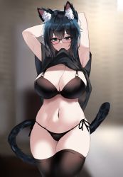 Rule 34 | 1girl, absurdres, animal ear fluff, animal ears, animeattics, armpits, black-framed eyewear, black bra, black hair, black panties, black shirt, black thighhighs, blue eyes, blurry, blurry background, bra, breasts, cat ears, cat tail, cleavage, clothes in mouth, clothes lift, commentary, english commentary, glasses, hair between eyes, highres, large breasts, mouth hold, navel, original, panties, shirt, shirt in mouth, shirt lift, short sleeves, side-tie panties, skindentation, solo, standing, t-shirt, tail, thighhighs, underwear, yokoyama ishimi