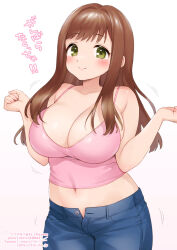 Rule 34 | 1girl, bare arms, bare shoulders, blue pants, blush, breasts, brown hair, camisole, cleavage, clenched hands, closed mouth, collarbone, cowboy shot, crop top, denim, gradient background, green eyes, hands up, jeans, large breasts, long hair, looking at viewer, midriff, navel, open pants, pants, pink camisole, sasanoneko, smile, solo, sophia esteed, spaghetti strap, star ocean, star ocean till the end of time, straight hair, unbuttoned, white background