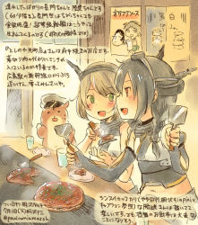 Rule 34 | 10s, 2girls, :d, admiral (kancolle), alternate hairstyle, animal, black gloves, black hair, braid, brown hair, commentary request, cup, dated, drinking glass, elbow gloves, fingerless gloves, food, gloves, green eyes, hamster, headgear, hiei (kancolle), kantai collection, kirisawa juuzou, long hair, multiple girls, mutsu (kancolle), nagato (kancolle), non-human admiral (kancolle), numbered, okonomiyaki, open mouth, red eyes, short hair, smile, traditional media, translation request, twin braids, twitter username