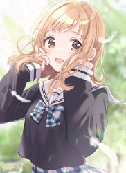 Rule 34 | 1girl, black shirt, blouse, blue bow, blush, bow, bowtie, brown eyes, brown hair, day, feathers, hand in own hair, highres, idolmaster, idolmaster shiny colors, long hair, long sleeves, looking at viewer, open mouth, outdoors, plaid, plaid bow, plaid bowtie, plaid neckwear, plaid skirt, sakuragi mano, school uniform, shigure ui, shirt, signature, skirt, smile, solo, symbol-only commentary, upper body