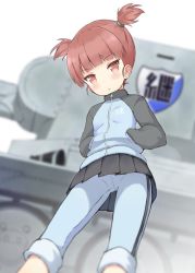 Rule 34 | 10s, 1girl, blue jacket, blue pants, blue skirt, blurry, bt-42, depth of field, emblem, from below, girls und panzer, hair tie, hands in pockets, jacket, keizoku (emblem), keizoku military uniform, long sleeves, looking at viewer, mikko (girls und panzer), military, military uniform, military vehicle, miniskirt, motor vehicle, pants, pants rolled up, pants under skirt, parted lips, pleated skirt, raglan sleeves, red eyes, red hair, short hair, short twintails, shuuichi (gothics), skirt, solo, standing, tank, track jacket, track pants, twintails, uniform, upskirt