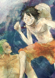 Rule 34 | 2boys, green hair, hat, jewelry, male focus, monkey d. luffy, multiple boys, necklace, one piece, open clothes, open shirt, roronoa zoro, scar, shirt, shorts, smile, stampede string