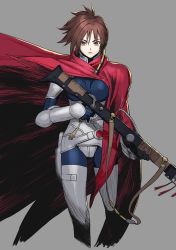 Rule 34 | 1girl, armor, blue gloves, bodysuit, breasts, brown eyes, brown hair, cape, closed mouth, gloves, grey background, gun, hair ornament, holding, iria (iria zeiram the animation), iria zeiram the animation, looking at viewer, mole, mole under eye, sakamoto mineji, short hair, simple background, solo, weapon