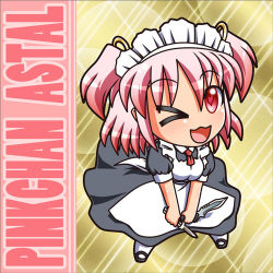 Rule 34 | &gt; o, 1girl, ;3, ;d, apron, black dress, character name, chibi, dress, dual wielding, heart, heart-shaped pupils, holding, knife, looking at viewer, lowres, maid, maid apron, maid headdress, one eye closed, open mouth, original, pink (rakurakutei ramen), pink eyes, pink hair, puffy short sleeves, puffy sleeves, rakurakutei ramen, short sleeves, smile, solo, symbol-shaped pupils, two side up