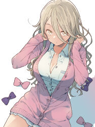 Rule 34 | 1girl, absurdres, adjusting hair, blonde hair, bow, breasts, cleavage, closed mouth, clothes on floor, grey skirt, highres, imigimuru, large breasts, long hair, long sleeves, looking at viewer, looking up, make heroine ga oo sugiru!, official art, pink bow, pink sweater, purple bow, school uniform, shadow, shikiya yumeko, shirt, simple background, sitting, skirt, solo, sweater, unbuttoned, wavy hair, white background, white shirt, yellow eyes