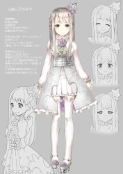 Rule 34 | 1girl, :t, ^ ^, belt, belt buckle, blush, braid, buckle, character sheet, closed eyes, closed mouth, commentary request, crown, facing viewer, flower, frilled skirt, frills, grey background, grey footwear, hand up, head tilt, high heels, highres, long hair, long sleeves, mary janes, mini crown, multiple views, original, pleated skirt, puffy long sleeves, puffy sleeves, purple eyes, purple flower, purple rose, rin2008, rose, shirt, shoes, side braid, silver hair, simple background, skirt, smile, tears, thighhighs, translation request, underbust, v-shaped eyebrows, very long hair, virtual youtuber, waist cape, white shirt, white skirt, white thighhighs