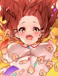 Rule 34 | 1girl, :d, animal ears, breasts, brown eyes, brown hair, closed eyes, commentary request, confetti, disembodied head, dog ears, dog girl, highres, hololive, inugami korone, inugami korone (1st costume), long hair, looking at viewer, medium breasts, open mouth, profile, smile, solo, teardrop, techi (siro-white 0803), virtual youtuber, white background