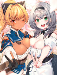 Rule 34 | 2girls, :d, alternate costume, apron, asymmetrical docking, black gloves, black hairband, blonde hair, blush, bow, breast press, breasts, cleavage, cleavage cutout, clothing cutout, commentary request, dark-skinned female, dark skin, detached collar, detached sleeves, elf, gloves, green eyes, grey hair, hair between eyes, hair bow, hair ornament, hairband, high ponytail, highres, hololive, large breasts, long hair, looking at viewer, medium hair, mikan (chipstar182), mole, mole on breast, multiple girls, one eye closed, open mouth, pointy ears, ponytail, shiranui flare, shiranui flare (old design), shirogane noel, smile, teeth, upper teeth only, v, virtual youtuber, waist apron