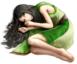 Rule 34 | 1girl, barefoot, belt, black hair, cape, ceramic man, dress, fetal position, full body, green dress, green eyes, highres, jewelry, long hair, looking at viewer, lying, native american, necklace, on side, original, pendant, plantar flexion, shawl, simple background, sleeveless, sleeveless dress, smile, solo, traditional clothes, tribal, white background