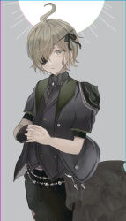 Rule 34 | 1boy, akitama2727, antenna hair, black gloves, black jacket, brown eyes, brown hair, closed mouth, eyepatch, frown, gloves, green pants, grey background, hair over one eye, highres, jacket, looking at viewer, own hands together, pants, pinocchio (sinoalice), short hair, short sleeves, simple background, single glove, sinoalice, solo