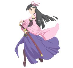 Rule 34 | 1girl, :|, absurdres, armor, artist request, black hair, blunt bangs, closed mouth, commentary request, detached sleeves, dress, faulds, from behind, frown, full body, hair ornament, highres, holding, holding sword, holding weapon, itai no wa iya nano de bougyoryoku ni kyokufuri shitai to omoimasu, japanese armor, japanese clothes, kasumi (bofuri), katana, legs apart, long hair, looking back, official art, pink shirt, purple dress, rope, sheath, sheathed, shirt, sleeveless, sleeveless shirt, solo, standing, sword, transparent background, v-shaped eyebrows, weapon, wide sleeves