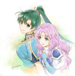 Rule 34 | 1girl, armor, artist name, blue dress, blue eyes, breastplate, breasts, circlet, closed mouth, commentary, dress, earrings, fire emblem, fire emblem: the blazing blade, florina (fire emblem), green background, green eyes, green hair, hand on own chest, highres, jewelry, long hair, looking at another, lyn (fire emblem), medium breasts, nintendo, parted bangs, ponytail, purple hair, scrunchie, sidelocks, simple background, smile, solo, twitter username, upper body, wavy hair, white background, yamada koutarou