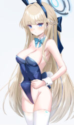 Rule 34 | 1girl, animal ears, aqua bow, aqua bowtie, bare shoulders, blonde hair, blue archive, blue eyes, blue hairband, blush, bow, bowtie, breasts, cleavage, closed mouth, commentary, detached collar, fake animal ears, fake tail, grey background, habu rin, hair ornament, hairband, halo, highres, large breasts, leotard, long hair, looking at viewer, playboy bunny, rabbit ears, rabbit tail, simple background, solo, tail, thighhighs, thighs, toki (blue archive), toki (bunny) (blue archive), white thighhighs, wrist cuffs