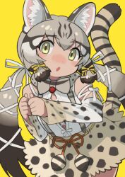 Rule 34 | 1girl, animal ear fluff, animal ears, bare shoulders, bow, bowtie, cat ears, cat girl, cat tail, extra ears, geoffroy&#039;s cat (kemono friends), green eyes, grey hair, highres, kemono friends, kemono friends v project, long hair, looking at viewer, microphone, open mouth, ribbon, rinx, shirt, simple background, skirt, solo, suspenders, tail, twintails, virtual youtuber