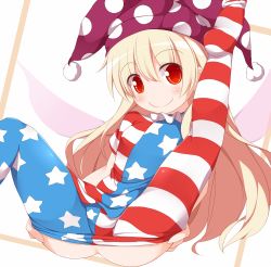 Rule 34 | 1girl, american flag dress, american flag legwear, american flag shirt, ass, blonde hair, clothes pull, clownpiece, fairy wings, hat, jester cap, leg up, long hair, looking at viewer, nikku (ra), no panties, pantyhose, pantyhose pull, red eyes, sitting, smile, solo, spread legs, striped clothes, striped pantyhose, touhou, very long hair, wings