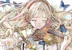 Rule 34 | 1girl, blonde hair, blue butterfly, bow (music), bug, butterfly, closed eyes, collar, daisy, dated, eyelashes, flower, frilled collar, frills, highres, holding, holding bow (music), holding instrument, holding violin, insect, instrument, leaf, light smile, long hair, music, original, playing instrument, portrait, shirt, signature, toaruocha, violin, white shirt
