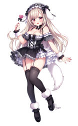 Rule 34 | 1girl, :d, animal ears, bare shoulders, black bow, black dress, black footwear, black hairband, black thighhighs, blush, bow, breasts, candy, cleavage, commentary request, dress, fake animal ears, fang, food, frilled dress, frilled hairband, frills, full body, garter straps, hairband, hand up, holding, holding candy, holding food, holding lollipop, large breasts, light brown hair, lolita fashion, lollipop, long hair, looking at viewer, mitsuba choco, nail polish, off-shoulder dress, off shoulder, open mouth, original, rabbit ears, red eyes, red nails, signature, simple background, smile, solo, thighhighs, very long hair, white background, wrist cuffs
