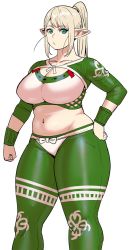 Rule 34 | 1girl, belly, blonde hair, blue eyes, breasts, cleavage, curvy, elf, elf-san wa yaserarenai., elfuda (elf-san wa yaserarenai.), green pants, hand on own hip, highres, large breasts, medium hair, monster hunter (series), monster hunter rise, navel, pants, plump, pointy ears, ponytail, shrug (clothing), solo, sports bra, symbol-only commentary, synecdoche, thick thighs, thighs, tight clothes, tight pants, white background, white sports bra, wristband