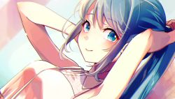 Rule 34 | 1girl, arms up, blue eyes, blue hair, blunt bangs, blurry, blurry background, blush, bokeh, breasts, close-up, collared shirt, commentary, depth of field, dot nose, dutch angle, eyelashes, hand in own hair, happy, hatsune miku, light particles, long sleeves, looking at viewer, medium breasts, nou (nounknown), parted bangs, ponytail, shirt, simple background, sleeveless, sleeveless shirt, smile, solo, upper body, vocaloid, white shirt