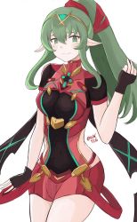 Rule 34 | 1girl, armor, blush, breasts, cosplay, crossover, fingerless gloves, fire emblem, fire emblem awakening, gloves, green eyes, green hair, highres, jewelry, kgctcg, long hair, looking at viewer, medium breasts, nintendo, pointy ears, ponytail, pyra (xenoblade) (cosplay), simple background, smile, solo, standing, tiki (adult) (fire emblem), tiki (fire emblem), xenoblade chronicles (series), xenoblade chronicles 2
