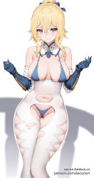 Rule 34 | 1girl, adapted costume, alternate costume, bikini, blonde hair, blue eyes, bow, breasts, clothing cutout, detached collar, detached sleeves, genshin impact, gloves, hair between eyes, hair bow, highres, jean (genshin impact), long hair, looking at viewer, medium breasts, navel, navel cutout, ponytail, secon, sideboob, sidelocks, skindentation, solo, stomach, swimsuit, thick thighs, thighs, thong, thong bikini, torn clothes