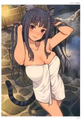 Rule 34 | 1girl, :3, absurdres, animal ears, artist name, black hair, breasts, cat ears, cat tail, cleavage, dutch angle, hair lift, hamashima shigeo, head tilt, highres, large breasts, long hair, looking at viewer, naked towel, outdoors, page number, red eyes, scan, sidelocks, smile, solo, standing, steam, tail, tiger ears, tiger tail, toranoana, towel, wet