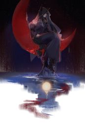Rule 34 | 1girl, absurdres, airrs, bare shoulders, black dress, black hair, black veil, crescent moon, dress, evernight goddess, hidden face, highres, lips, long hair, lord of the mysteries, moon, night, parted lips, red moon, reflection, ripples, sitting, teeth, veil, wolf girl