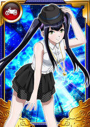 Rule 34 | 00s, 1girl, black hair, black skirt, card (medium), female focus, hair ornament, hat, ikkitousen, jewelry, long hair, looking at viewer, necklace, official art, saji genpou (true), skirt, smile, solo, twintails, yellow eyes