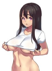 Rule 34 | 1girl, black hair, breasts, clothes lift, collarbone, crop top, female focus, houtengeki, large breasts, long hair, looking at viewer, navel, original, parted lips, purple eyes, shirt, shirt lift, short sleeves, sidelocks, simple background, smile, solo, underboob, upper body, white background, white shirt