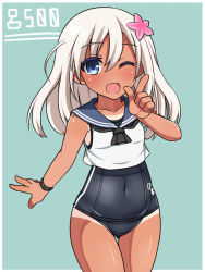 Rule 34 | 10s, 1girl, bad id, bad pixiv id, blonde hair, blue eyes, flower, hair flower, hair ornament, haniwagi (hal), kantai collection, long hair, one eye closed, open mouth, ro-500 (kancolle), sailor collar, standing, swimsuit, swimsuit under clothes, tan, tanline, thighs, tongue