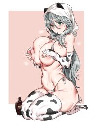 Rule 34 | 1girl, animal print, areola slip, bare shoulders, bikini, blush, bottle, breasts, chocolate, chocolate on body, chocolate on breasts, chocolate syrup, cleavage, cow print, cow tail, elbow gloves, fingerless gloves, food on body, from side, gloves, grabbing own breast, green eyes, highres, hood, hood up, kneeling, large breasts, long hair, looking at breasts, navel, nipple stimulation, nipple tweak, nipples, original, print gloves, print thighhighs, seiza, side-tie bikini bottom, silver hair, sitting, solo, steaming body, sweat, swimsuit, tail, thick thighs, thighhighs, thighs, tweaking own nipple, urec