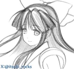 1girl armpit_peek black_hair breasts hair_ribbon long_hair looking_at_viewer monochrome nakoruru ribbon samurai_spirits sketch small_breasts smile snk solo the_king_of_fighters traditional_media