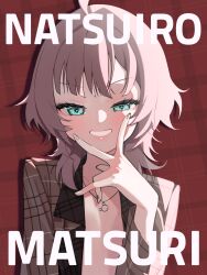 Rule 34 | 1girl, agnamore, ahoge, aqua eyes, blush, brown hair, brown jacket, character name, collarbone, commentary request, half-closed eyes, hand up, highres, hololive, jacket, long hair, long sleeves, looking at viewer, naked jacket, natsuiro matsuri, open clothes, open jacket, plaid, plaid background, red background, solo, upper body, v over mouth, virtual youtuber