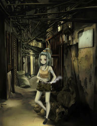 Rule 34 | 1girl, alley, bad id, bad pixiv id, bandages, belt, cigarette, female focus, hair bobbles, hair ornament, kahama youko, original, outdoors, red eyes, shorts, silver hair, smoking, solo, tank top