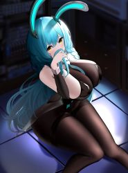 Rule 34 | 1girl, absurdres, animal ears, ass, azur lane, bare shoulders, between breasts, black leotard, black pantyhose, black sleeves, blue hair, blue necktie, blurry, blurry background, blush, bodystocking, boise (azur lane), boise (sheepish sapphire) (azur lane), braid, breasts, collarbone, commentary, covering own mouth, detached collar, detached sleeves, fake animal ears, highres, holding, holding own hair, indoors, large breasts, leotard, light blue hair, long hair, looking at viewer, necktie, necktie between breasts, nicorima, official alternate costume, pantyhose, playboy bunny, rabbit ears, shadow, sideboob, sidelocks, sitting, solo, spotlight, thighband pantyhose, wrist cuffs, yellow eyes
