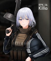Rule 34 | 1girl, absurdres, ballistic face mask, ballistic face shield, ballistic helmet, black ribbon, carrying, carrying under arm, character name, closed mouth, commentary, cosplay, drum magazine, english commentary, escape from tarkov, girls&#039; frontline, gun, hair ribbon, helmet, highres, holding, holding gun, holding helmet, holding weapon, killa (escape from tarkov), killa helmet, klowncel, light machine gun, long sleeves, machine gun, magazine (weapon), bulletproof vest, pouch, purple eyes, purple pupils, ribbon, rpk, rpk-16, rpk-16 (girls&#039; frontline), short hair, silver hair, smile, solo, striped clothes, striped headwear, track suit, unworn eyewear, unworn headwear, unworn helmet, upper body, vertical-striped clothes, vertical-striped headwear, visor, wavy mouth, weapon