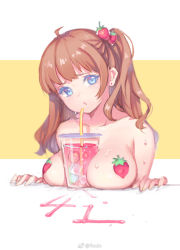 Rule 34 | 1girl, between breasts, blue eyes, breasts, brown hair, drinking straw, fiodo, food, fruit, large breasts, long hair, looking at viewer, medium breasts, pasties, pout, solo, strawberry, sweat, twitter username