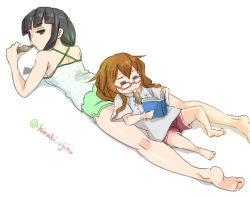 Rule 34 | 10s, 2girls, = =, ajino (sakanahen), alternate costume, bare legs, bare shoulders, barefoot, black hair, book, breasts, chibi, chicken (food), chicken leg, clothes writing, eating, food, glasses, head on ass, hiraki ajino, holding, holding book, holding food, jitome, kantai collection, kitakami (kancolle), leaning, leaning on person, long hair, looking back, lying, mochizuki (kancolle), mouth hold, multiple girls, on back, on stomach, open book, orange hair, purple eyes, reading, red-framed eyewear, shadow, shirt, shorts, sideboob, simple background, sitting, sleeveless, sleeveless shirt, twitter username, white background, white shirt