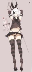 Rule 34 | 2b (nier:automata), armpits, arms up, black panties, black thighhighs, blindfold, breasts, clothes lift, cosplay, crossover, full body, gluteal fold, goekawa, hair over one eye, hair ribbon, highleg, highleg panties, kantai collection, microskirt, mole, mole under mouth, navel, nier:automata, nier (series), panties, pleated skirt, ribbon, shimakaze (kancolle), shimakaze (kancolle) (cosplay), short hair, silver hair, simple background, skirt, skirt lift, small breasts, solo, striped clothes, striped thighhighs, sword, thighhighs, underwear, weapon