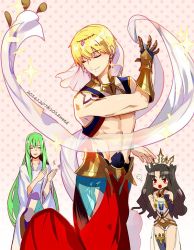 Rule 34 | 1girl, 2boys, :d, androgynous, arabian clothes, astarone, bare arms, bare shoulders, black gloves, black hair, black ribbon, blonde hair, blush, blush stickers, clapping, clenched hands, cropped vest, crossover, crown, earrings, elbow gloves, enkidu (fate), closed eyes, fate/grand order, fate/strange fake, fate (series), gauntlets, gem, gilgamesh (fate), gilgamesh (caster) (fate), gloves, green hair, hair ribbon, ishtar (fate), ishtar (fate), jewelry, long hair, looking at another, multiple boys, neck ring, open mouth, polka dot, polka dot background, red eyes, revealing clothes, ribbon, short hair, single elbow glove, single gauntlet, single glove, smile, sparkle, strapless, tohsaka rin, two side up, type-moon, veil, vest
