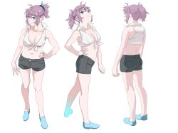 Rule 34 | 1girl, absurdres, alternate costume, aoba (kancolle), black shorts, blue eyes, blue footwear, blue scrunchie, breasts, cleavage, crop top, full body, hair ornament, hair scrunchie, hand on own hip, highres, kantai collection, looking at viewer, medium breasts, midriff, multiple views, ojipon, ponytail, purple hair, scrunchie, shirt, short hair, short shorts, shorts, simple background, tied shirt, white background