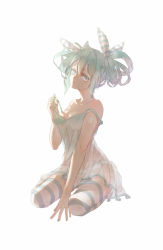 Rule 34 | 1girl, absurdres, breasts, cleavage, dress, green hair, hair ribbon, hatsune miku, highres, momozi (mkingnight), no bra, panties, ribbon, see-through, sitting, solo, strap slip, striped clothes, striped panties, striped thighhighs, thighhighs, underwear, vocaloid, white background