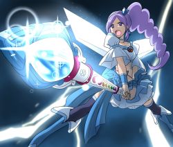 Rule 34 | 00s, 1girl, aono miki, blue background, blue dress, blue theme, blue thighhighs, boots, choker, cure angel, cure berry, cure berry (angel), dress, earrings, eyelashes, fresh precure!, frilled skirt, frills, hair ornament, heart, ikari manatsu, jewelry, lightning, long hair, magical girl, midriff, navel, open mouth, ponytail, precure, purple eyes, purple hair, ribbon, serious, shirt, side ponytail, skirt, solo, sunrise stance, thigh boots, thighhighs, thunder, wand, wings
