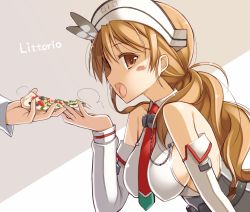 Rule 34 | 10s, 1girl, bare shoulders, blush, breasts, brown eyes, brown hair, character name, detached sleeves, food, italy, kantai collection, large breasts, littorio (kancolle), long hair, looking at viewer, necktie, ohta yuichi, open mouth, pizza, pizza slice, sideboob, solo focus